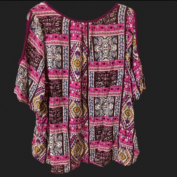 CATO Women’s Patchwork Print Pullover Front Tie Cold Shoulder Blouse - Picture 2 of 5